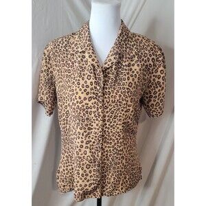 Jessica Lauren Silk Leopard Print Blouse Women Med Button Front Shoulder Pads